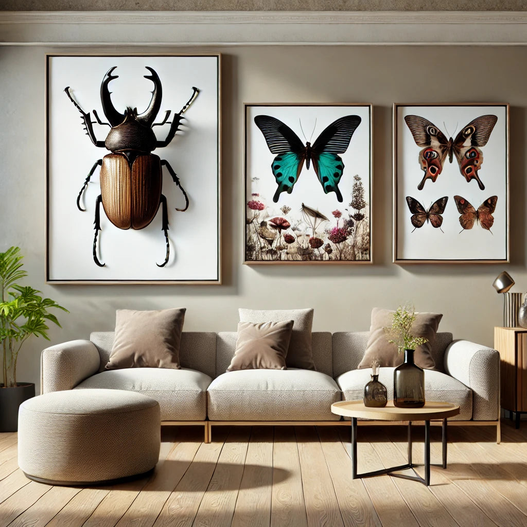 Insect Art in Home Décor: Featuring Horned Beetles, Butterflies, and Death Head Moths